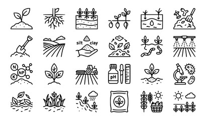 Soil and agriculture line icon set with plant roots layers seeds and farming elements editable stroke vector collection © MdMoymul