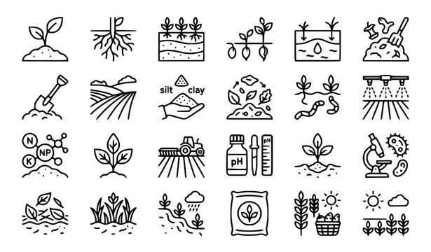 Soil and agriculture line icon set with plant roots layers seeds and farming elements editable stroke vector collection