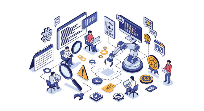 Collaborative team of developers and robotic technology work together on software automation and complex coding projects in isometric view.