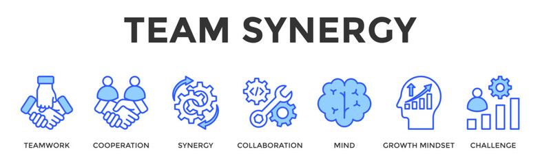 Obraz premium Team Synergy Banner Web Icon Set Collection Pack Vector Illustration Concept Containing Teamwork, Cooperation, Synergy, Collaboration, Mind, Growth Mindset, Challenge