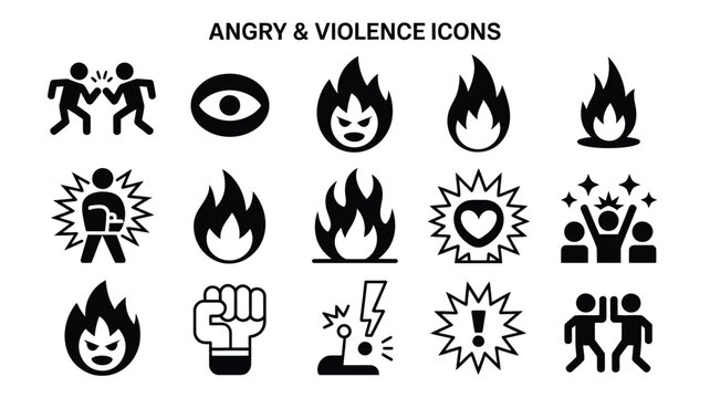 Angry violence icons set with aggressive symbols and conflict elements in black silhouette design