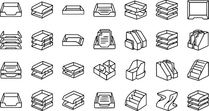 Office Document Trays and Paper Organizers Line Art Icons Set. Outline Vector Symbols for Business Workplace Stationery and Desk File Holders.