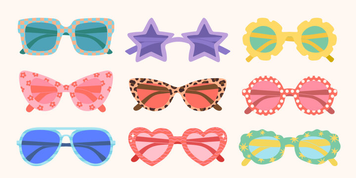 Trendy summer sunglasses set with colorful frames and playful patterns. Flat vector collection with polka dots, flowers, leopard print and geometric shapes. Perfect for fashion design, stickers, poste