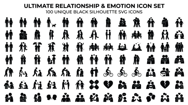 Ultimate relationship and emotion icon set, 100 unique black silhouette SVG icons, couple and family life pictograms for social media and web design