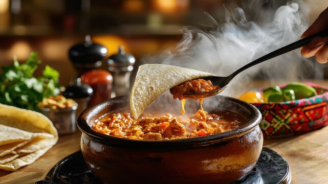 Premium chicken tinga served in traditional clay pot with ladle capturing tender shredded meat in rich tomato sauce with dramatic steam and fresh tortillas