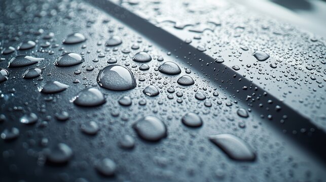 Hydrophobic treatment surface effect showing water beading pattern on clean treated metal surface with high surface tension macro photography