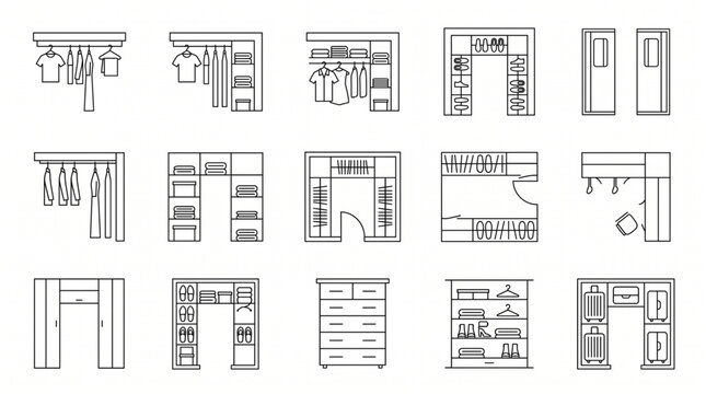 Collection of closet and wardrobe design illustrations and blueprints.