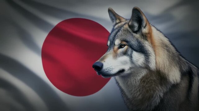 日の丸を背にした孤高のオオカミポートレート