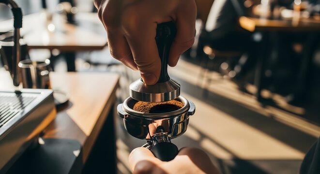 A barista expertly tamps freshly ground coffee into a portafilter, preparing a rich espresso shot in a bustling cafe environment.