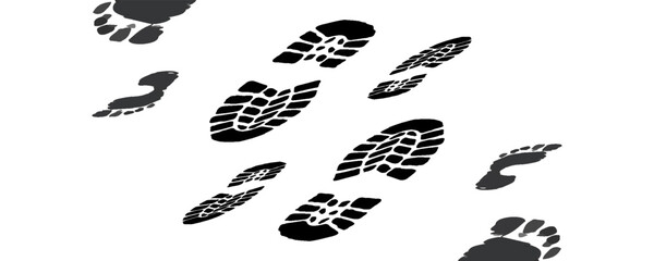 Obraz premium Various black shoe prints and human footprints isolated on a white background isolated on transparent background,