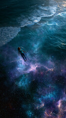 Obraz premium Dreamy cosmic ocean scene with a floating silhouette drifting through glowing galaxy waves, blending fantasy, space and peaceful solitude.