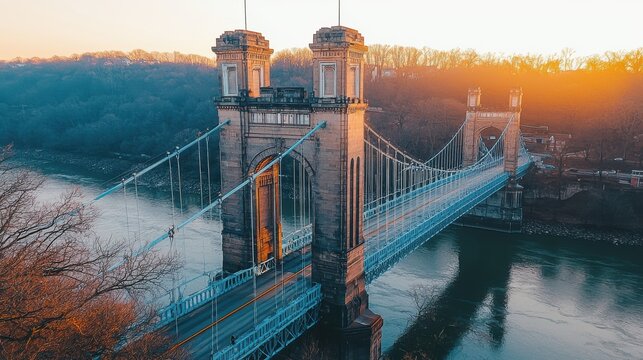 Golden hour bridge historic American suspension architecture stone masonry towers cable structure natural riverside landscape warm sunset lighting