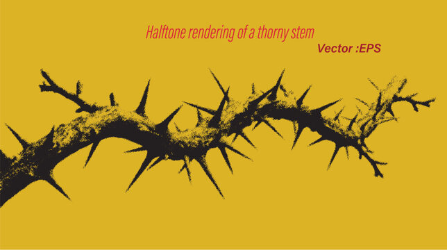 Halftone rendering of a thorny stem with sharp spines on an isolated yellow background.
