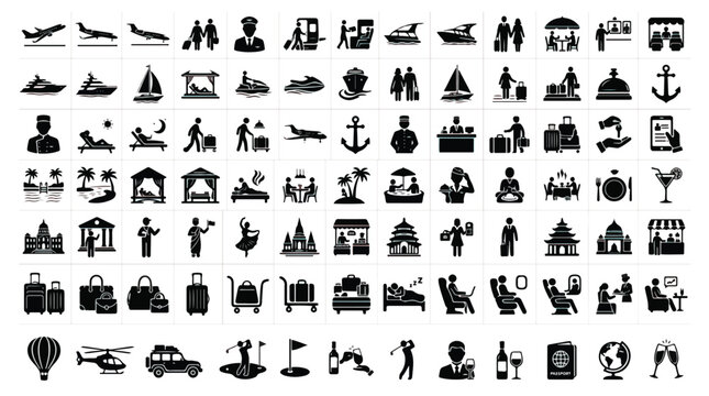 Travel and tourism icon set, 84 black silhouette vector symbols for vacation planning, airport transportation and luxury hotel services