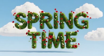 Fototapeta premium Vibrant spring time text with flowers and blue sky background