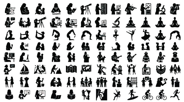 Women lifestyle silhouettes set, female hobby and professional activity icons, 100 vector elements of girls working, exercising, and learning