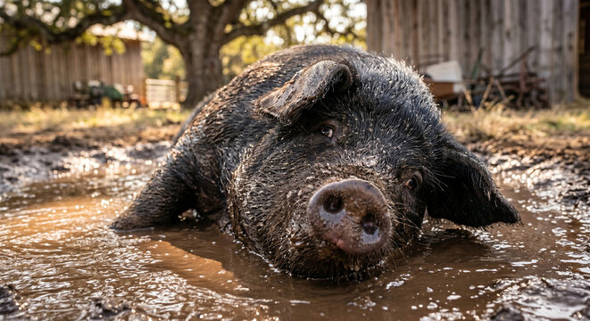A hyper-detailed, low-angle portrait of a large Berkshire pig wallowing in a thick, chocolate-colored mud puddle. The focus is tack-sharp on its wet, disk-shaped snout