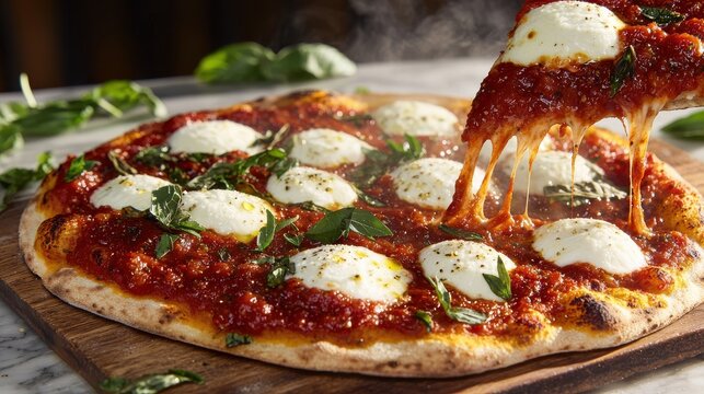 Premium Margherita pizza slice with melted mozzarella cheese pull and tomato sauce drip on rustic wooden board in upscale restaurant setting