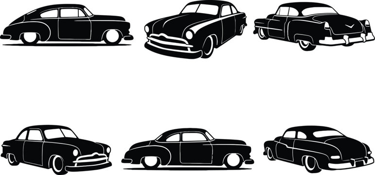 Classic Vintage Car Silhouette Vector Set with Antique Automobile Icons for Retro Garage Branding, Muscle Car Enthusiast Graphics, Hot Rod Logos, and Automotive History Designs