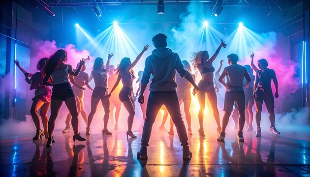 Silhouettes of people dancing on stage.