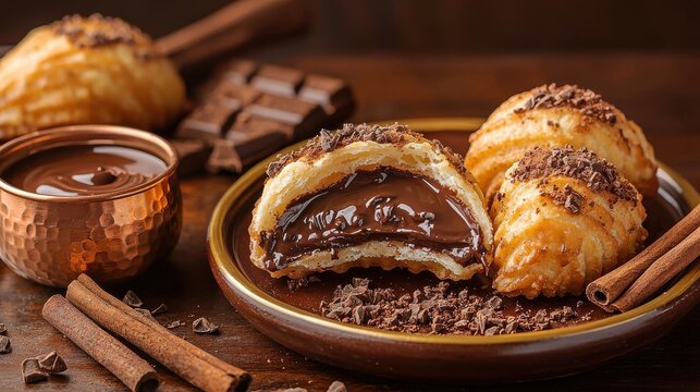Premium chocolate conchas Mexican sweet bread with rich chocolate filling served on golden ceramic plate with cinnamon sticks in restaurant setting