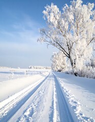 Obraz premium Snowy road with frozen trees landscape.