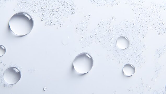 Scattered water droplets and bubbles on white background, chaotic pattern, wet, fresh.

