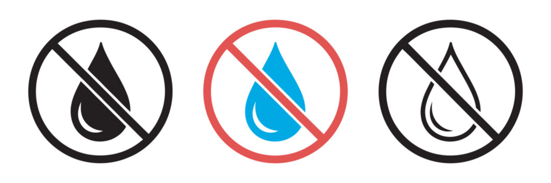 No water drop sign symbol set, no water-resistant icon collection, prohibited water droplets in circle sign, water restriction warning concept, clean modern vector illustration, high quality professio