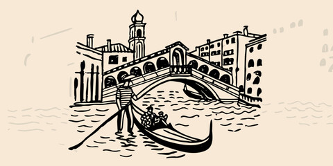 venice cityscape with gondola and bridge in black ink sketch style © Hridoy
