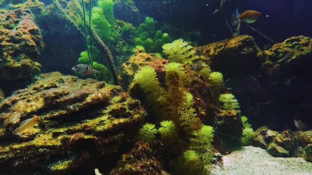 A close up shot of a vibrant Melanochromis auratus, a species of African cichlid, swimming among rocks in a freshwater aquarium. The fish, also known as the golden mbuna, displays its distinct colorat