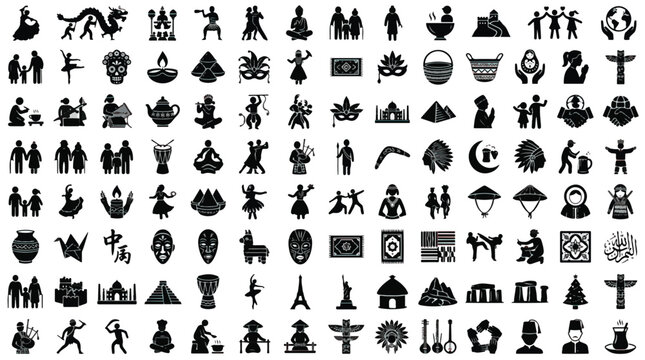 Global culture icons set, 112 world heritage and ethnic tradition symbols, black silhouette travel and folklore vector elements for infographics