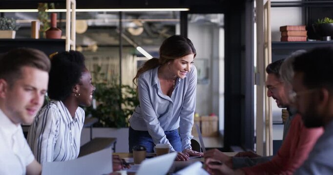 Team leader meeting, documents or business people happy woman or professional journalist work on group research. Communication, consulting or reporter with creative agency ideas, solution or strategy