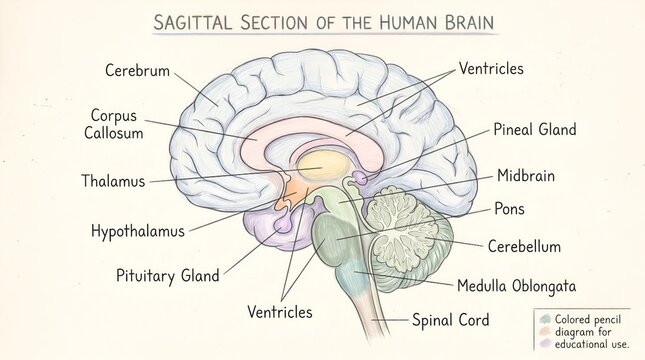 detailed sagittal brain section anatomy illustration for medical education
