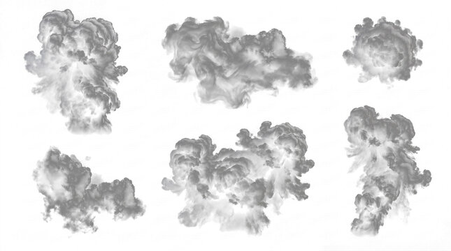 Dynamic dark smoke and explosion cloud effects isolated on transparent background.