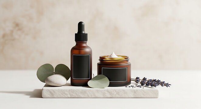 Skincare products with natural ingredients on marble tray