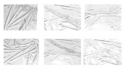 Obraz premium Set of transparent textured clear plastic wrap overlay elements with wrinkled surfaces isolated on background.