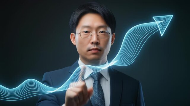 景気循環を可視化する波形ホログラムとビジネスプロフェッショナル