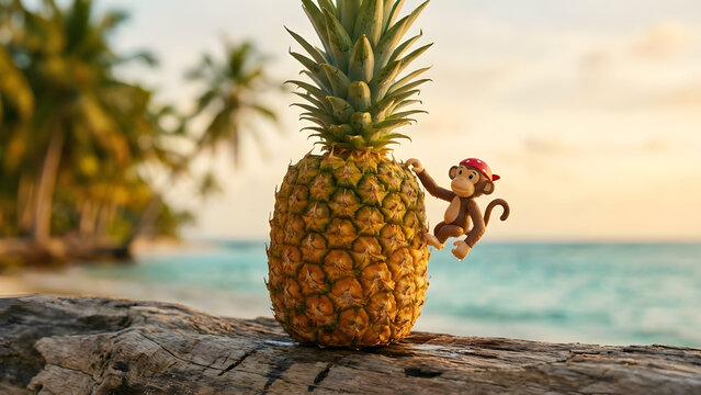 Playful Monkey Toy Climbing Pineapple on Tropical Beach Sunset Scene