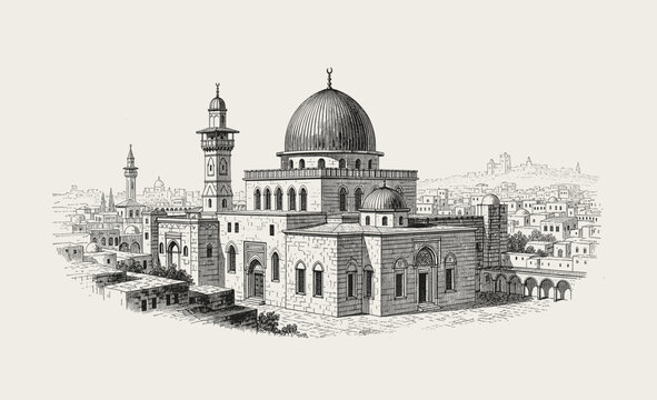 Mosque of Omar, Jerusalem, vintage engraving.