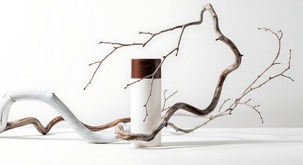 Obraz premium A brown and white cylindrical container with a dry tree branch and a flowing ribbon on a plain surface