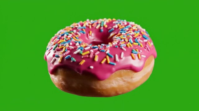A delicious pink frosted donut with colorful sprinkles on top is displayed.
