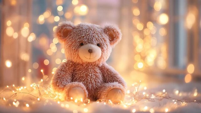 Sweet brown teddy bear nestled in a bed of sparkling golden lights ideal for capturing warmth comfort and holiday spirit