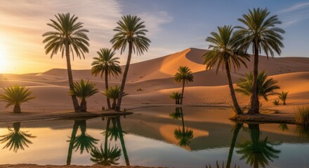 Fototapeta premium Serene Oasis Scene with Palm Trees and Desert Landscape.