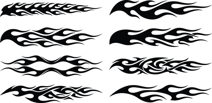 Black Tribal Flame Vector Icon Set with Abstract Fire Decals for Automotive Graphics, Motorcycle Body Wraps, Tattoo Art, and Modern Streetwear Apparel Design Illustrations