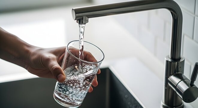 Person filling a clear glass with clean running water from a modern kitchen faucet for hydration and daily use in a contemporary home setting