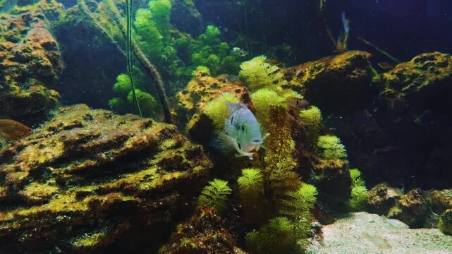 A detailed, close up shot of a golden cichlid, also known as a Red Zebra Cichlid or Maylandia lombardoi, swimming gracefully in an aquarium.