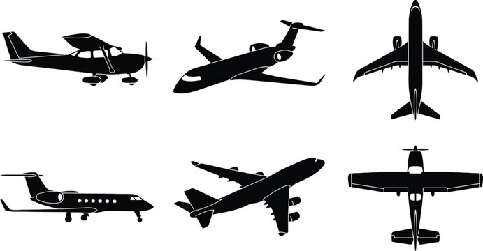 Detailed Airplane Silhouette Vector Collection Featuring Private Jets and Propeller Planes in Top and Side View for Aviation, Travel, and Logistics Design Projects