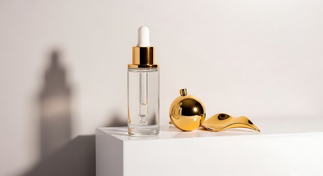 Golden cosmetics and serum bottle on white surface with soft shadows