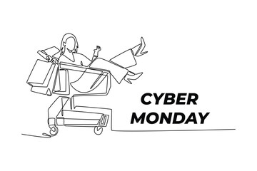 Obraz premium woman sitting in shopping cart with bags. Cyber monday concept. Single line draw design. Vector graphic illustration