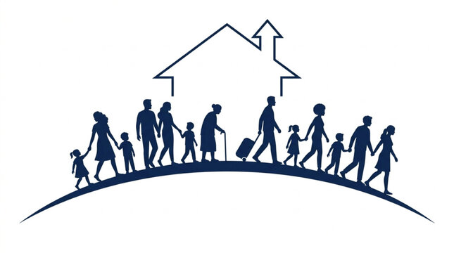 International Refugee Day generations of diverse families moving together towards a welcoming house, representing migration, community, and the search for home